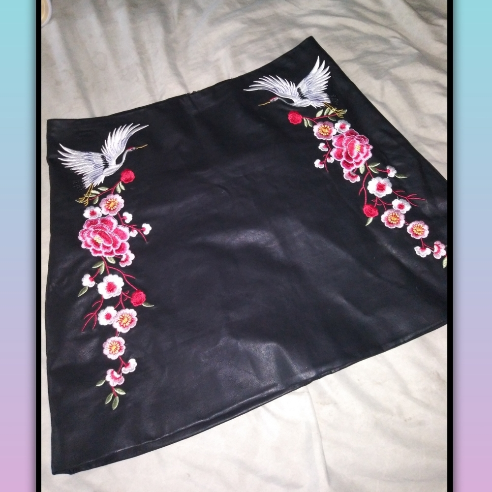 Black Faux leather Embroidered mini skirt